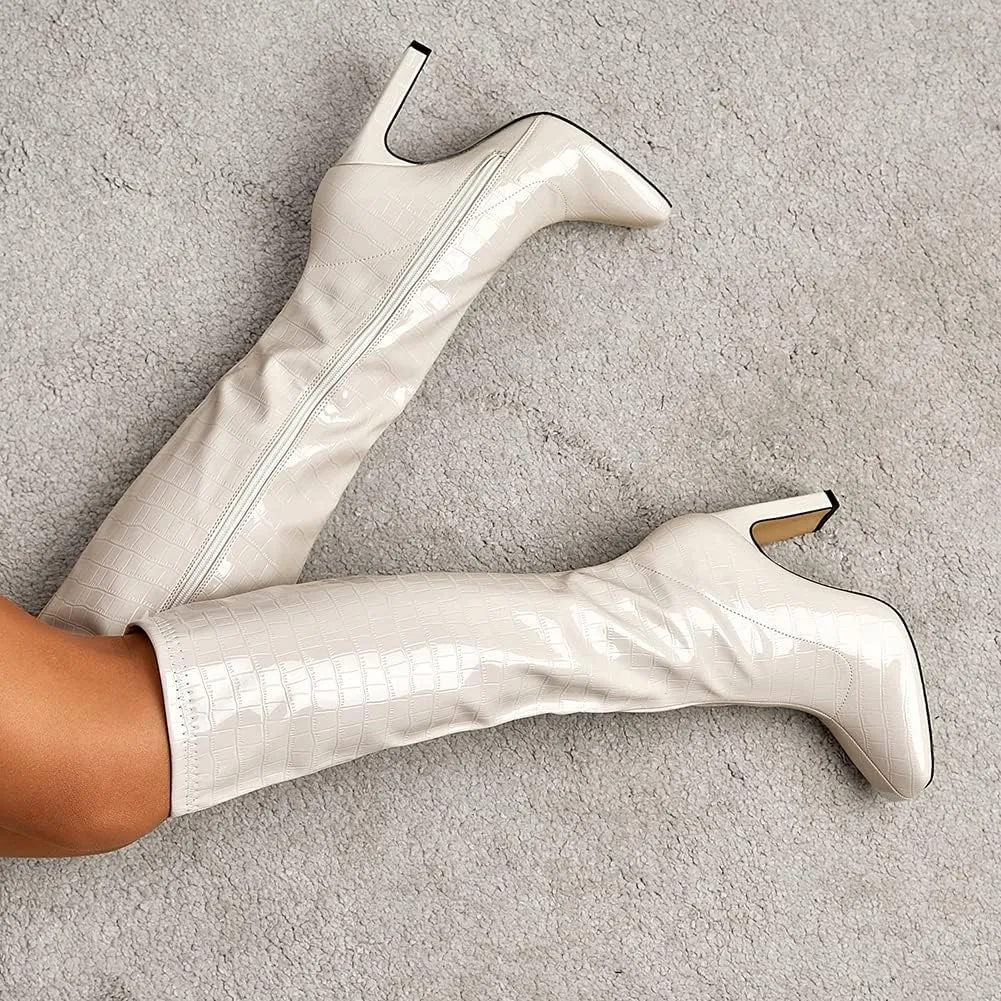 Women's Solid Slouch Block Heel Pointed Toe Over The Knee Boots
