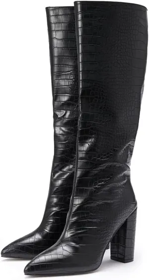 Women's Solid Slouch Block Heel Pointed Toe Over The Knee Boots