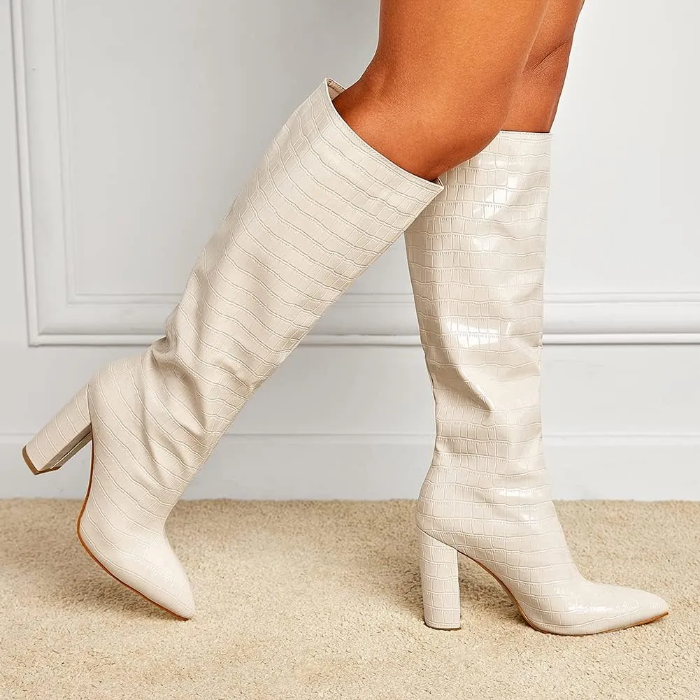 Women's Solid Slouch Block Heel Pointed Toe Over The Knee Boots