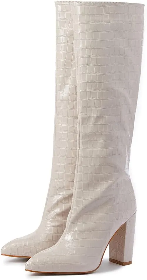 Women's Solid Slouch Block Heel Pointed Toe Over The Knee Boots