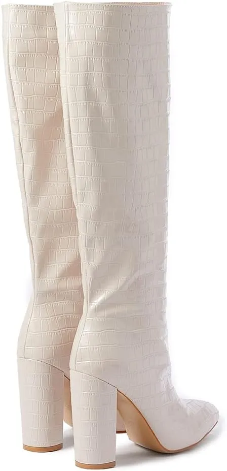 Women's Solid Slouch Block Heel Pointed Toe Over The Knee Boots