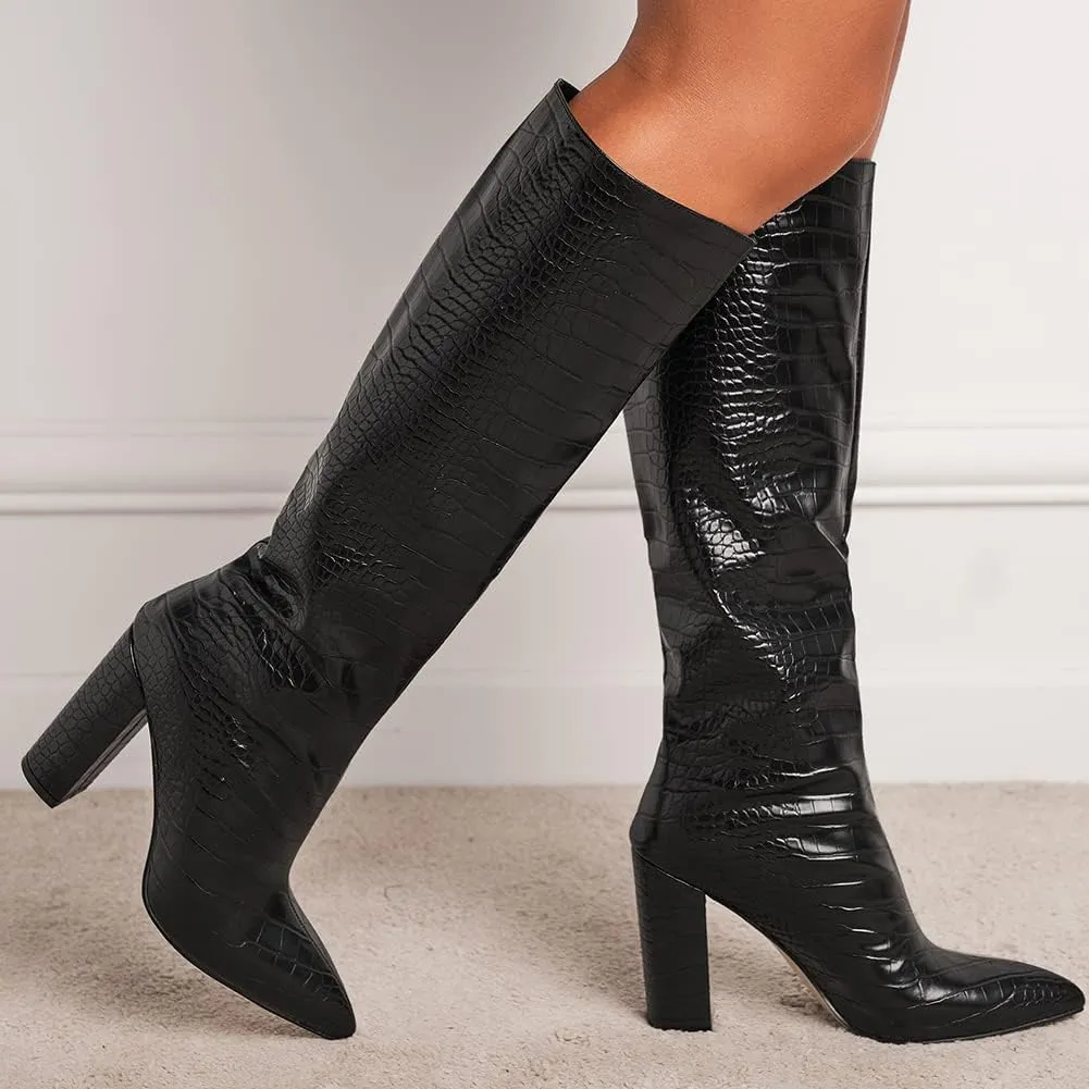 Women's Solid Slouch Block Heel Pointed Toe Over The Knee Boots
