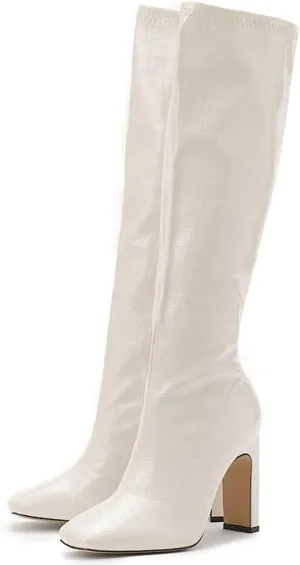Women's Solid Slouch Block Heel Pointed Toe Over The Knee Boots