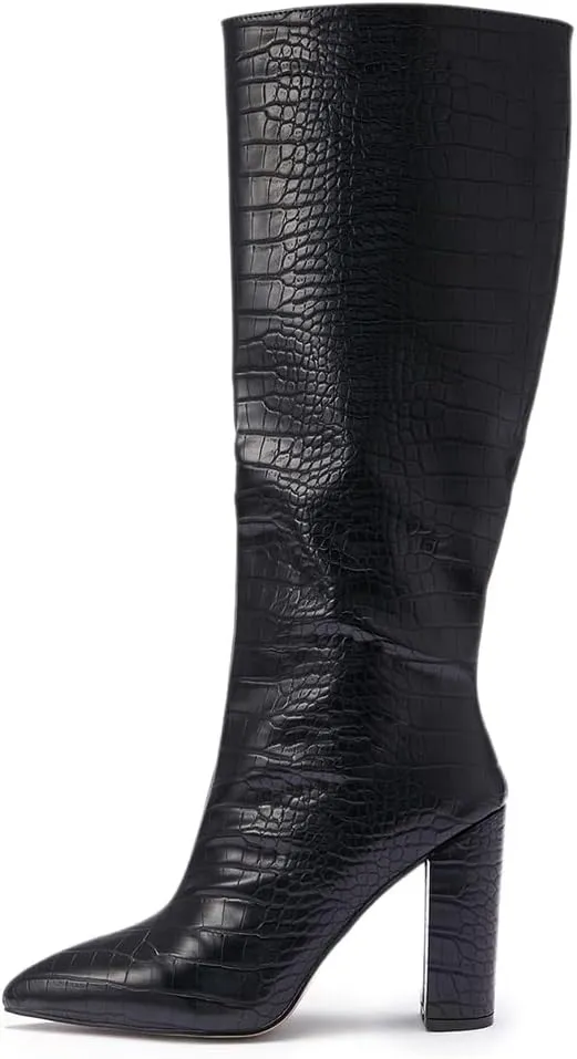 Women's Solid Slouch Block Heel Pointed Toe Over The Knee Boots