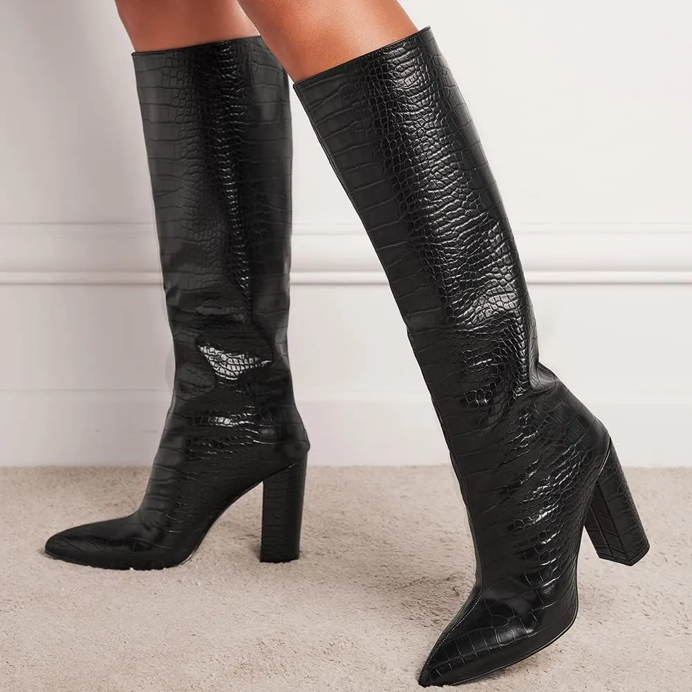 Women's Solid Slouch Block Heel Pointed Toe Over The Knee Boots