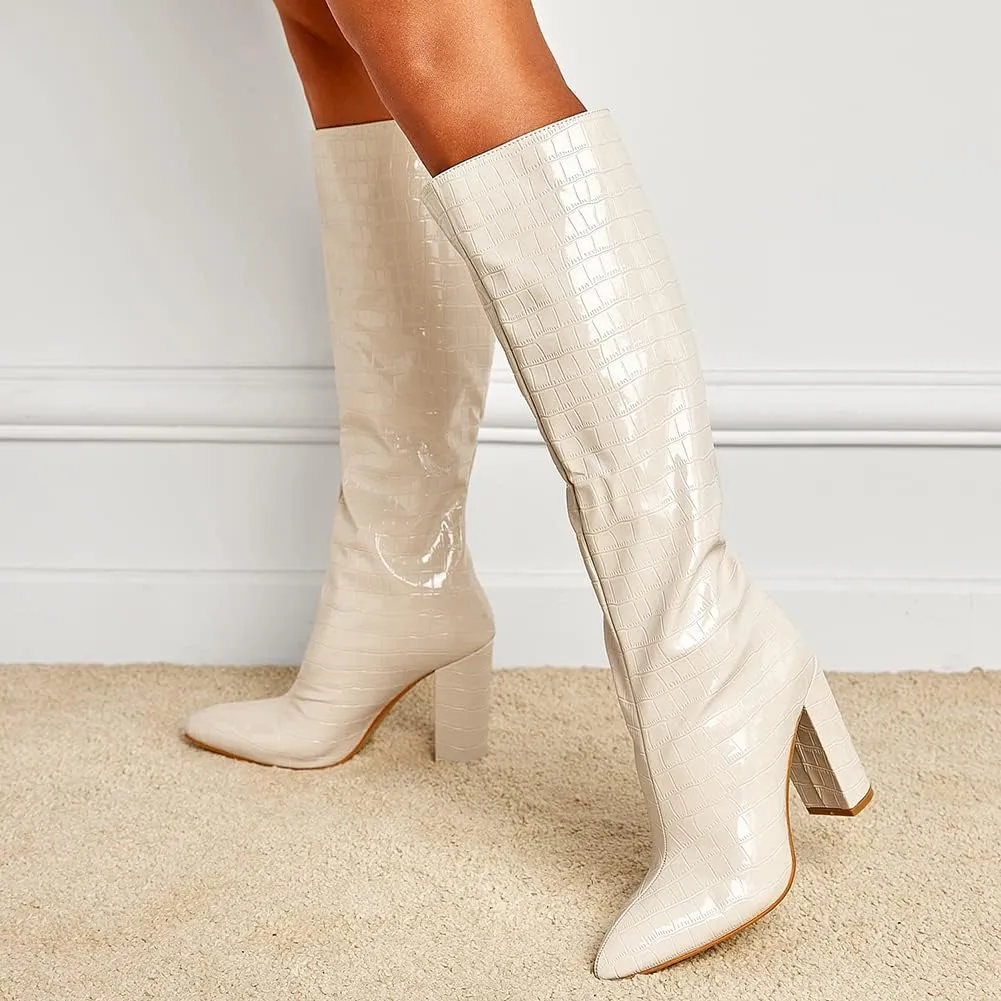 Women's Solid Slouch Block Heel Pointed Toe Over The Knee Boots