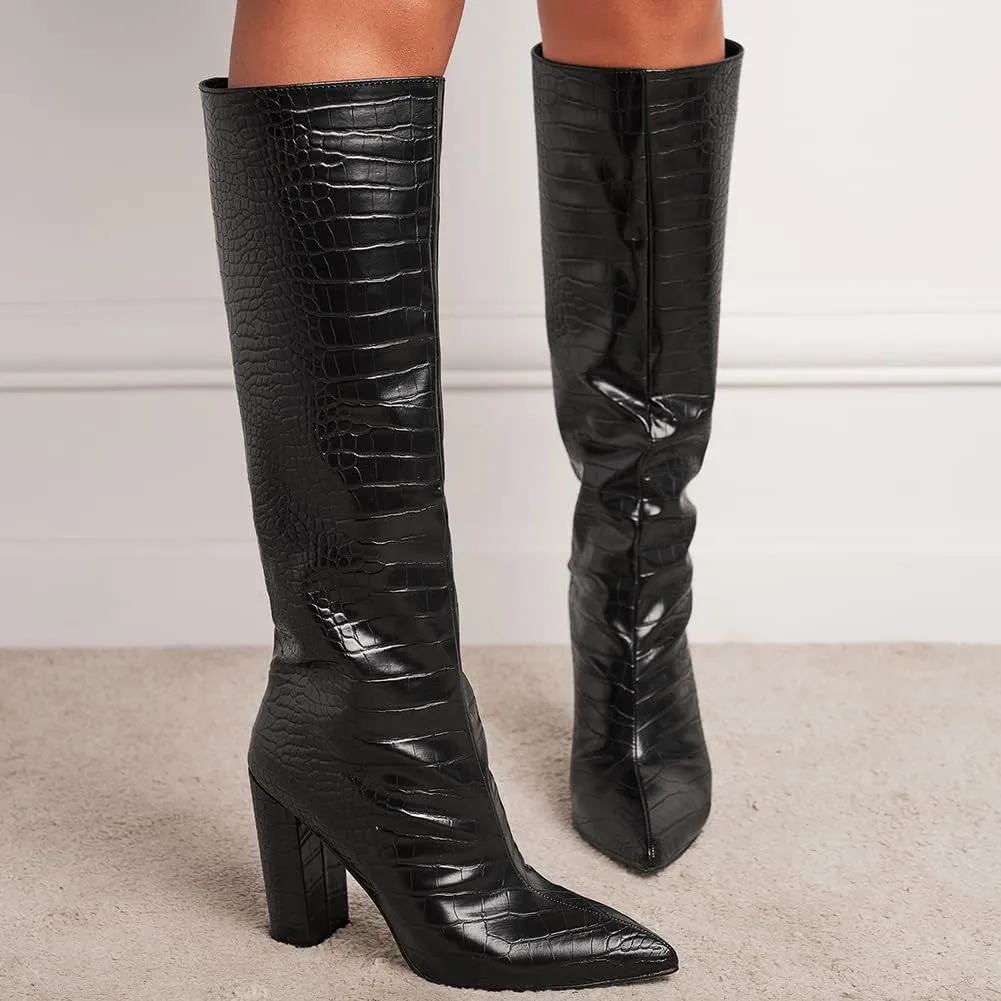 Women's Solid Slouch Block Heel Pointed Toe Over The Knee Boots