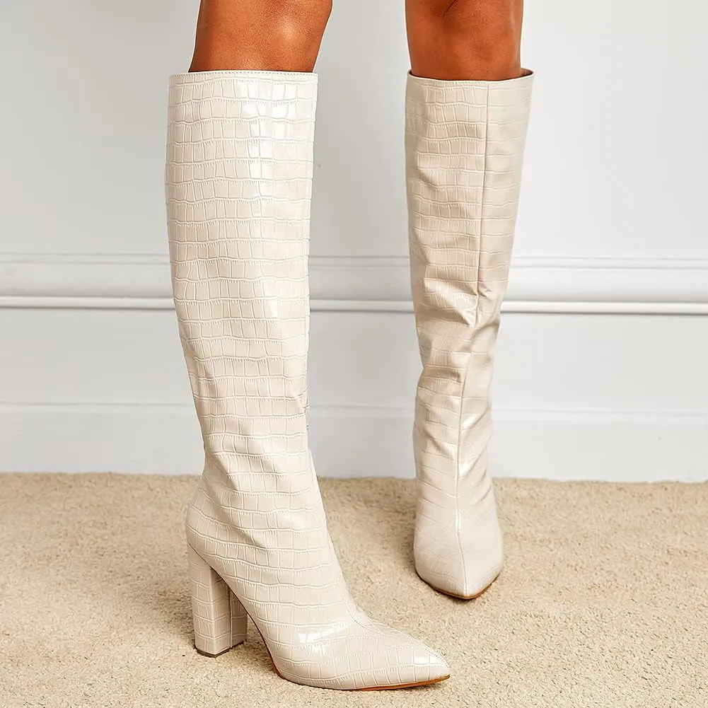 Women's Solid Slouch Block Heel Pointed Toe Over The Knee Boots