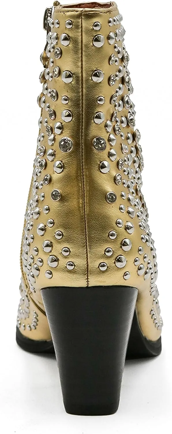 Women's Studded Ankle Boots Western Rhinestones Booties Cowgirl Boots Pointed Toe Boots Cowboy Boots