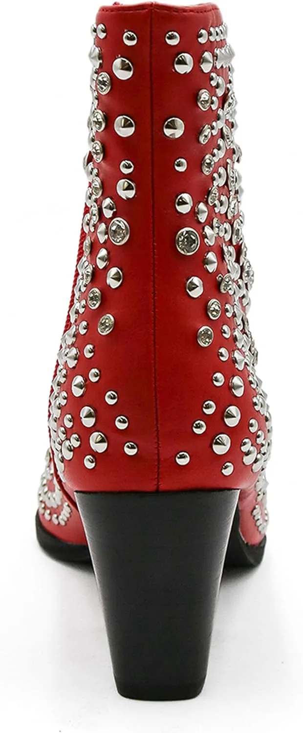 Women's Studded Ankle Boots Western Rhinestones Booties Cowgirl Boots Pointed Toe Boots Cowboy Boots
