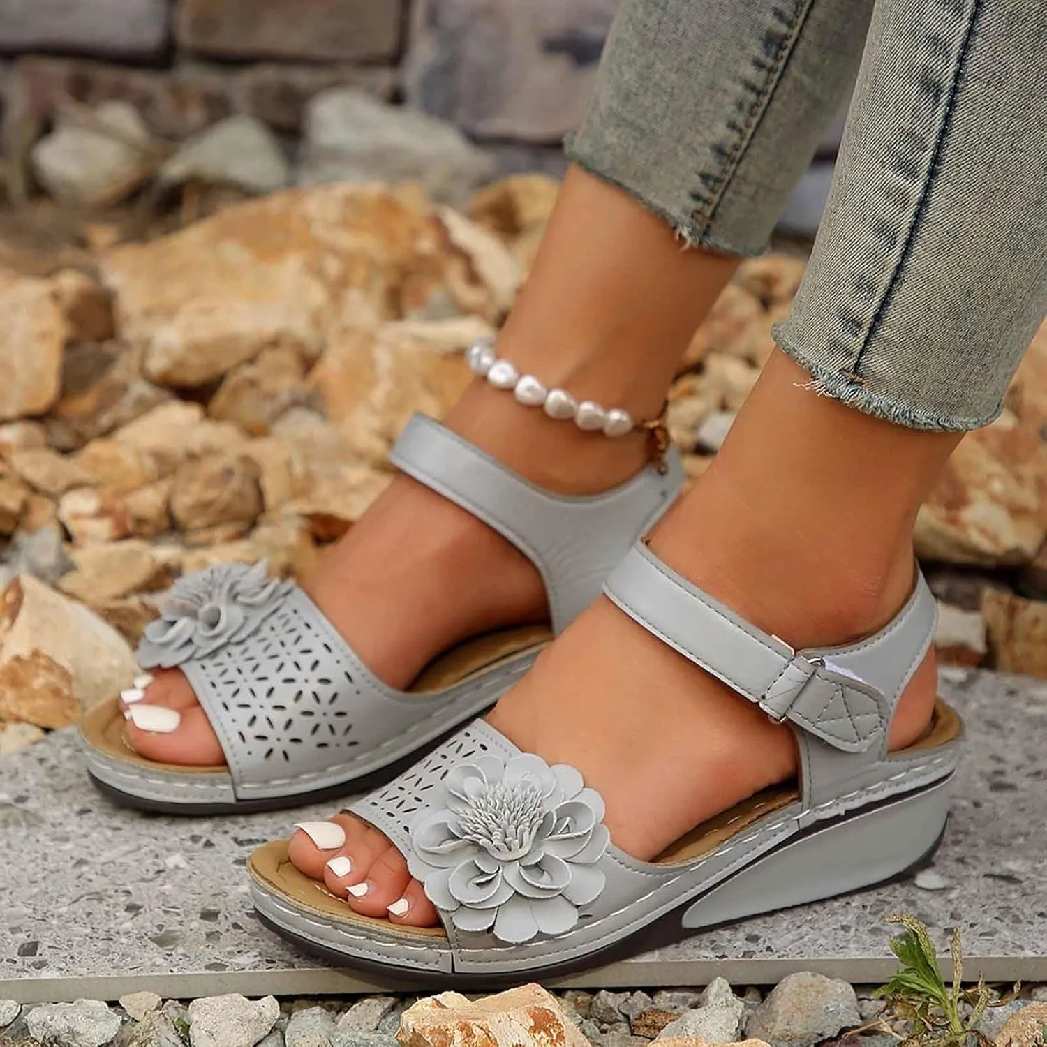 Women's Summer Sandals Open Toe Wedge Heel with Cut Out Details and Hook Loop Closure for Casual Outfits and