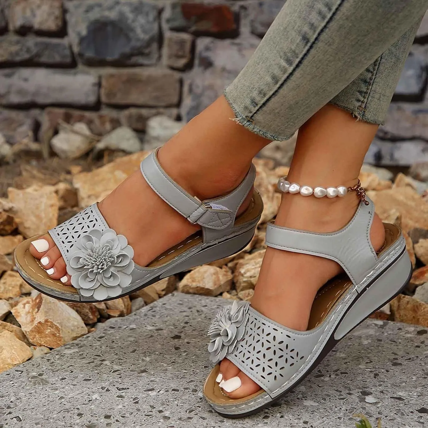 Women's Summer Sandals Open Toe Wedge Heel with Cut Out Details and Hook Loop Closure for Casual Outfits and