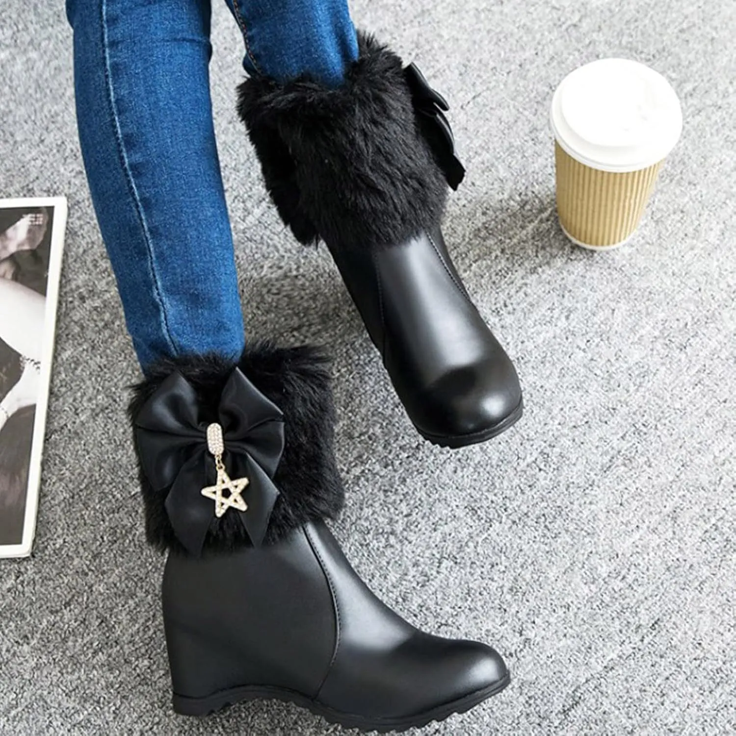 Women's Wedge Ankle Booties Side Zipper Outdoor Fur Lined Warm Winter Boots Comfortable Shoes for Women