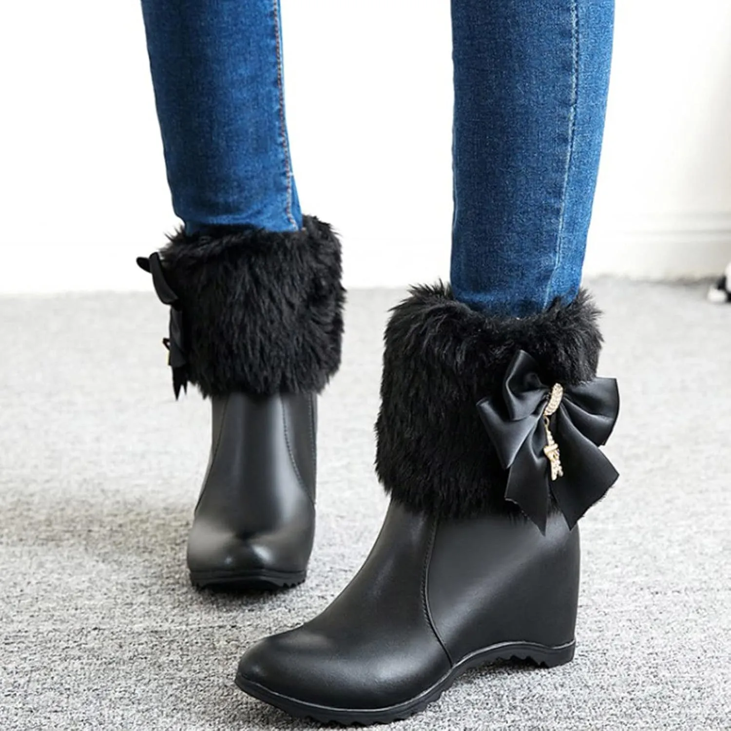 Women's Wedge Ankle Booties Side Zipper Outdoor Fur Lined Warm Winter Boots Comfortable Shoes for Women