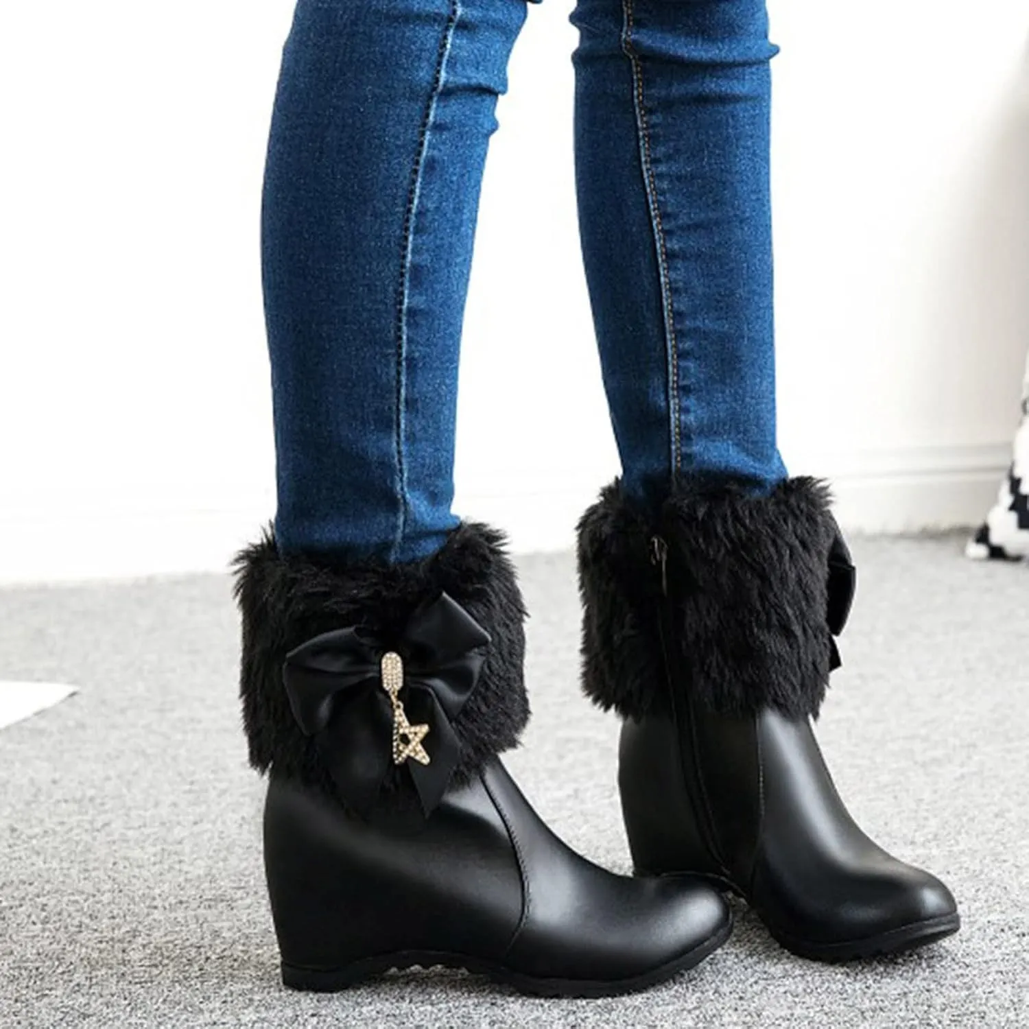 Women's Wedge Ankle Booties Side Zipper Outdoor Fur Lined Warm Winter Boots Comfortable Shoes for Women