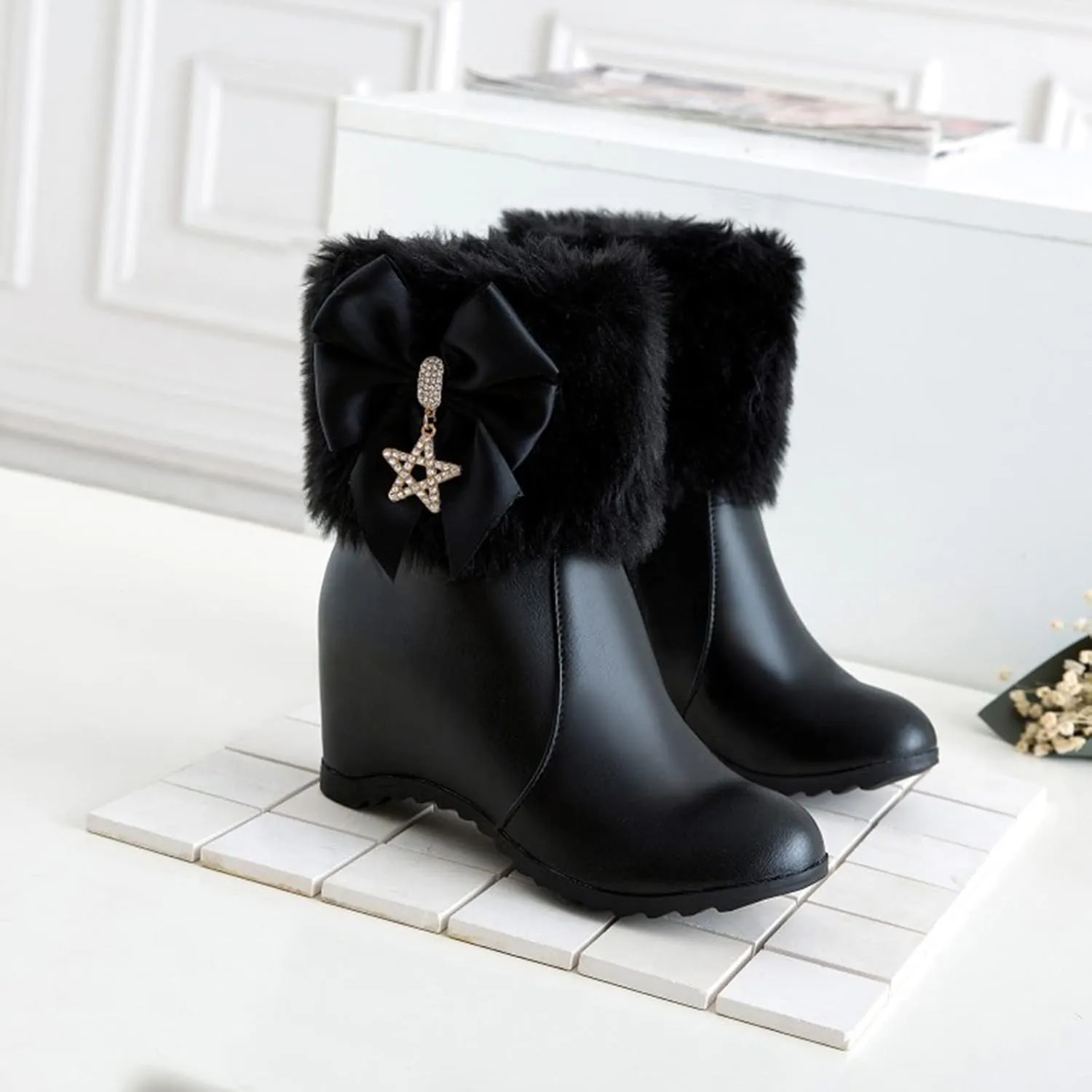 Women's Wedge Ankle Booties Side Zipper Outdoor Fur Lined Warm Winter Boots Comfortable Shoes for Women