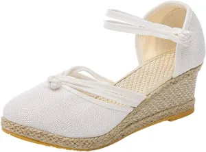 Women's Wedge Sandals Closed Toe Espadrille Sandals With Ankle Wrap Classic Summer Platform Sandals Dressy Canvas Sandals