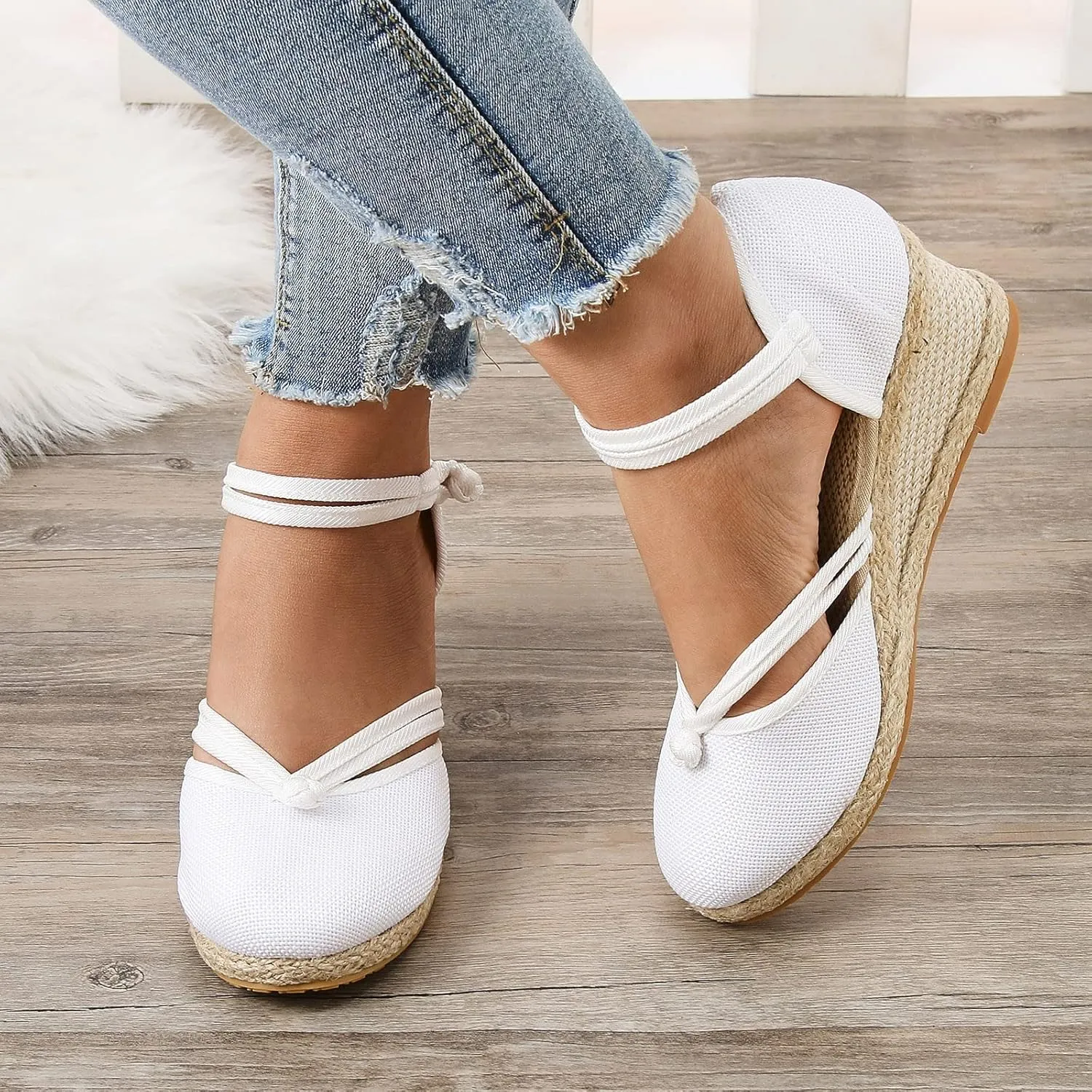 Women's Wedge Sandals Closed Toe Espadrille Sandals With Ankle Wrap Classic Summer Platform Sandals Dressy Canvas Sandals