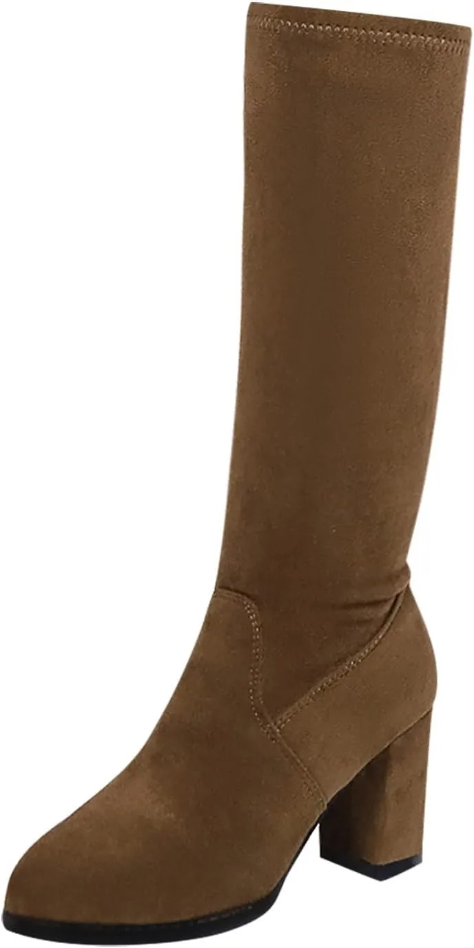 Women's Wide Calf Knee High Boots Low Stacked Heel Riding Boots Suede Western Booties Shoe for Girlfriend