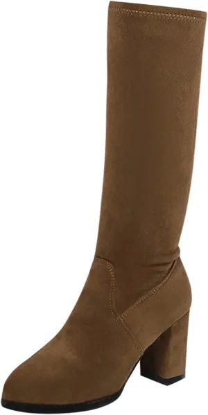 Women's Wide Calf Knee High Boots Low Stacked Heel Riding Boots Suede Western Booties Shoe for Girlfriend