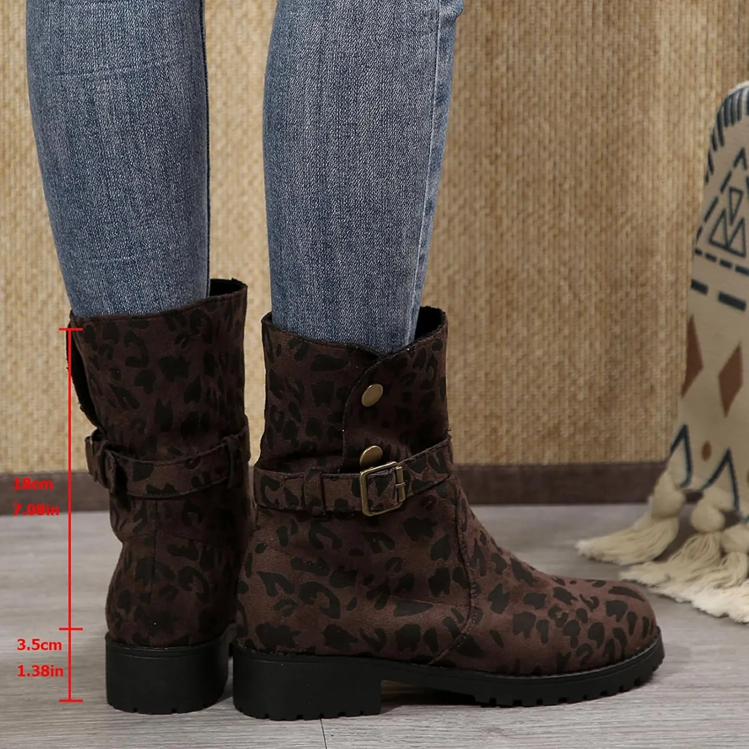 Womens Winter Combat Boots Slip on Leopard Print Ankle Boots Outdoor Buckle Chunky Low Heels Shorts Booties