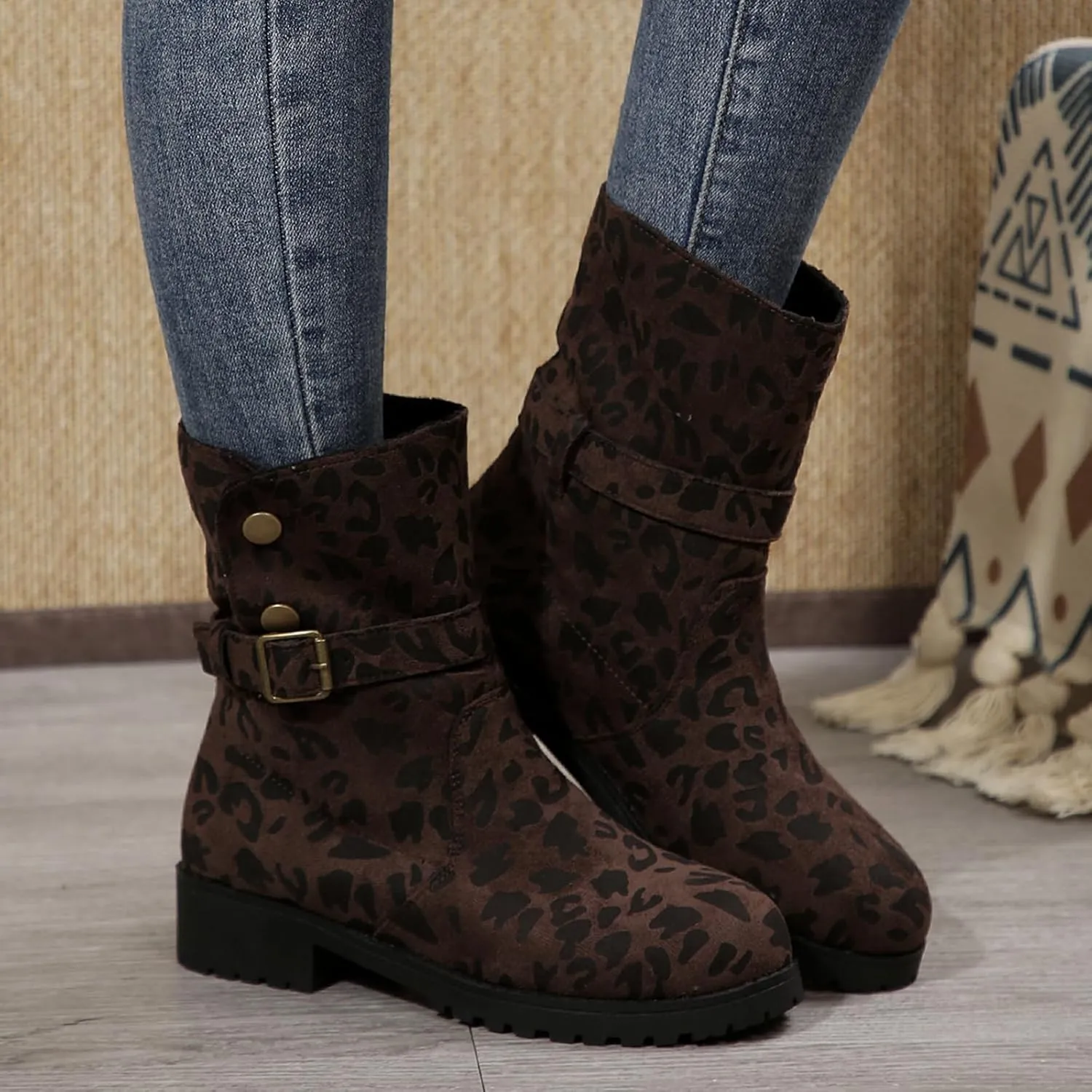 Womens Winter Combat Boots Slip on Leopard Print Ankle Boots Outdoor Buckle Chunky Low Heels Shorts Booties
