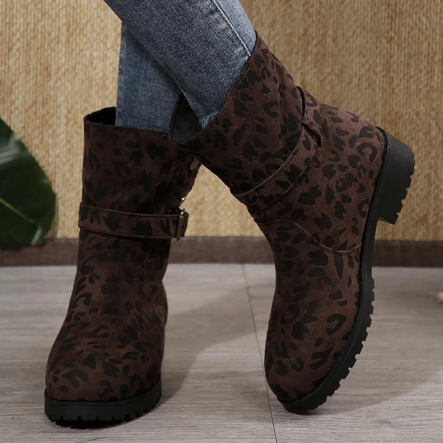 Womens Winter Combat Boots Slip on Leopard Print Ankle Boots Outdoor Buckle Chunky Low Heels Shorts Booties