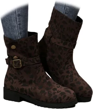 Womens Winter Combat Boots Slip on Leopard Print Ankle Boots Outdoor Buckle Chunky Low Heels Shorts Booties