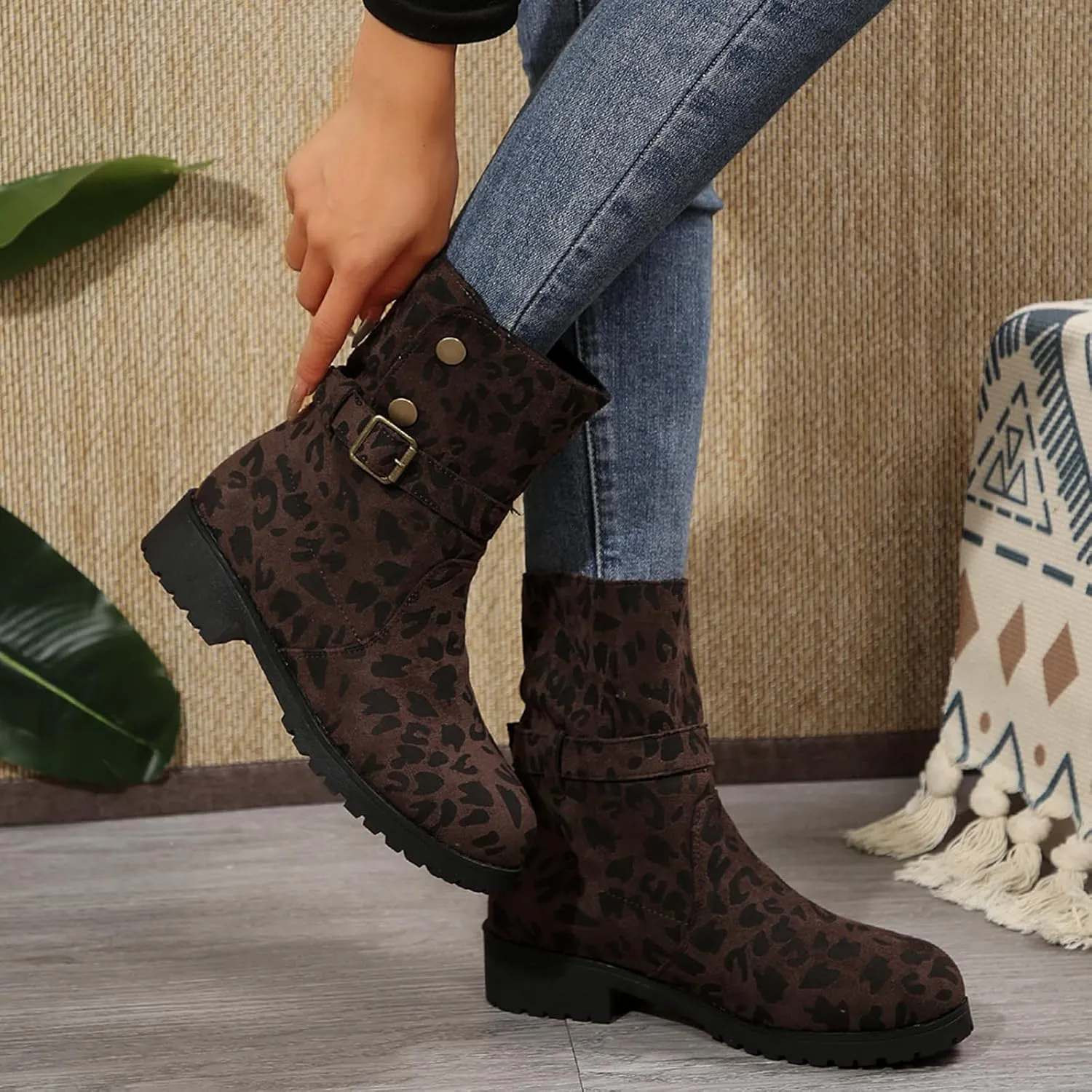 Womens Winter Combat Boots Slip on Leopard Print Ankle Boots Outdoor Buckle Chunky Low Heels Shorts Booties