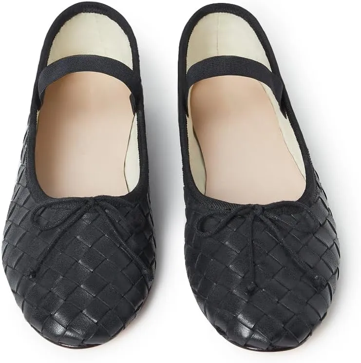 Womens Woven Ballet Flats with Bow Round Toe Slip on Mary Jane Flats Ladies Fashion Elastic Strap Ballerina Shoes