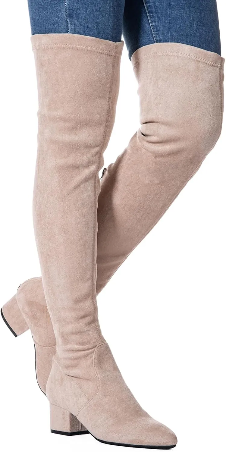 YANWENFANG Women Thigh High Over The Knee Boots Stretch Suede Chunky Heel