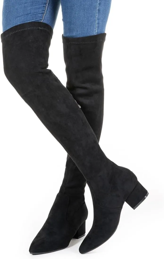 YANWENFANG Women Thigh High Over The Knee Boots Stretch Suede Chunky Heel