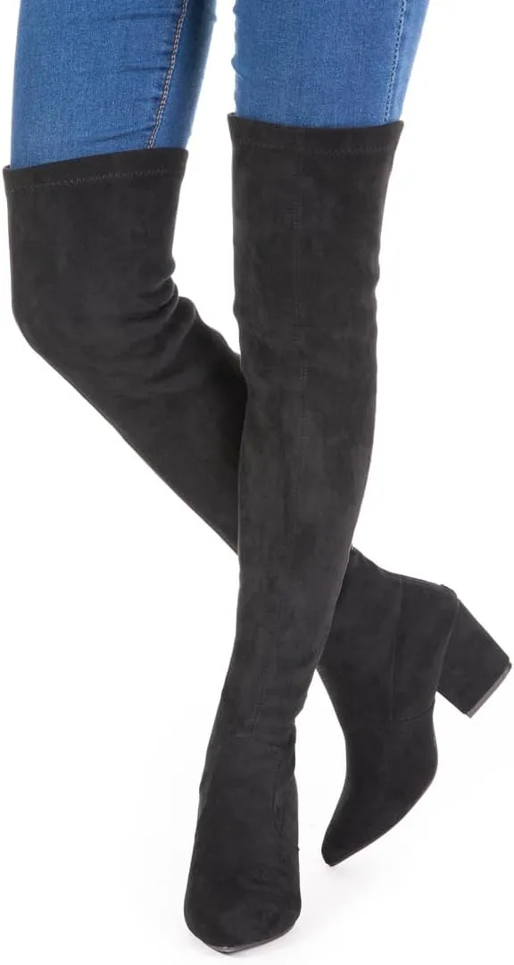 YANWENFANG Women Thigh High Over The Knee Boots Stretch Suede Chunky Heel