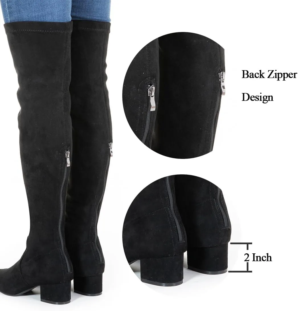 YANWENFANG Women Thigh High Over The Knee Boots Stretch Suede Chunky Heel