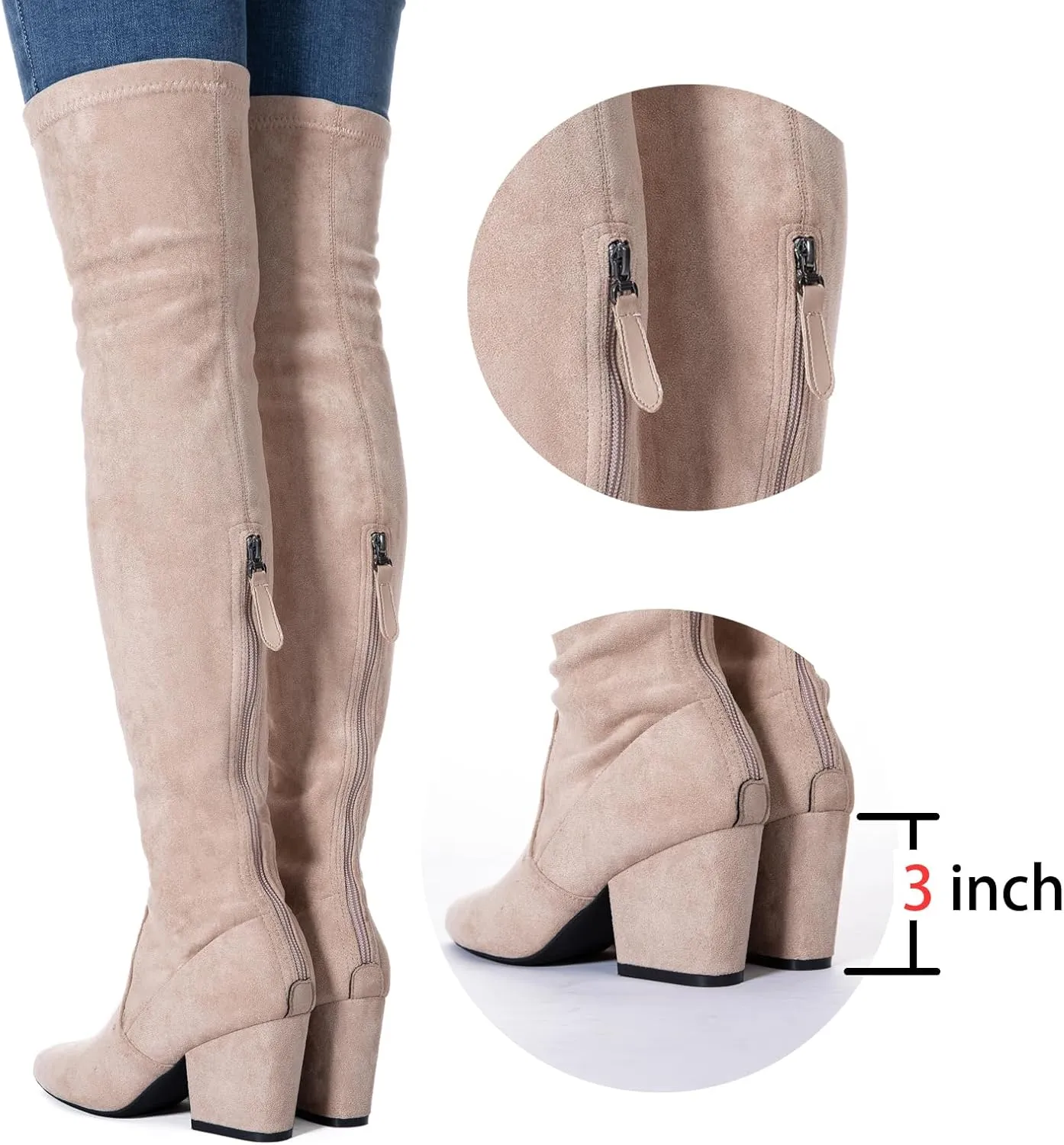 YANWENFANG Women Thigh High Over The Knee Boots Stretch Suede Chunky Heel