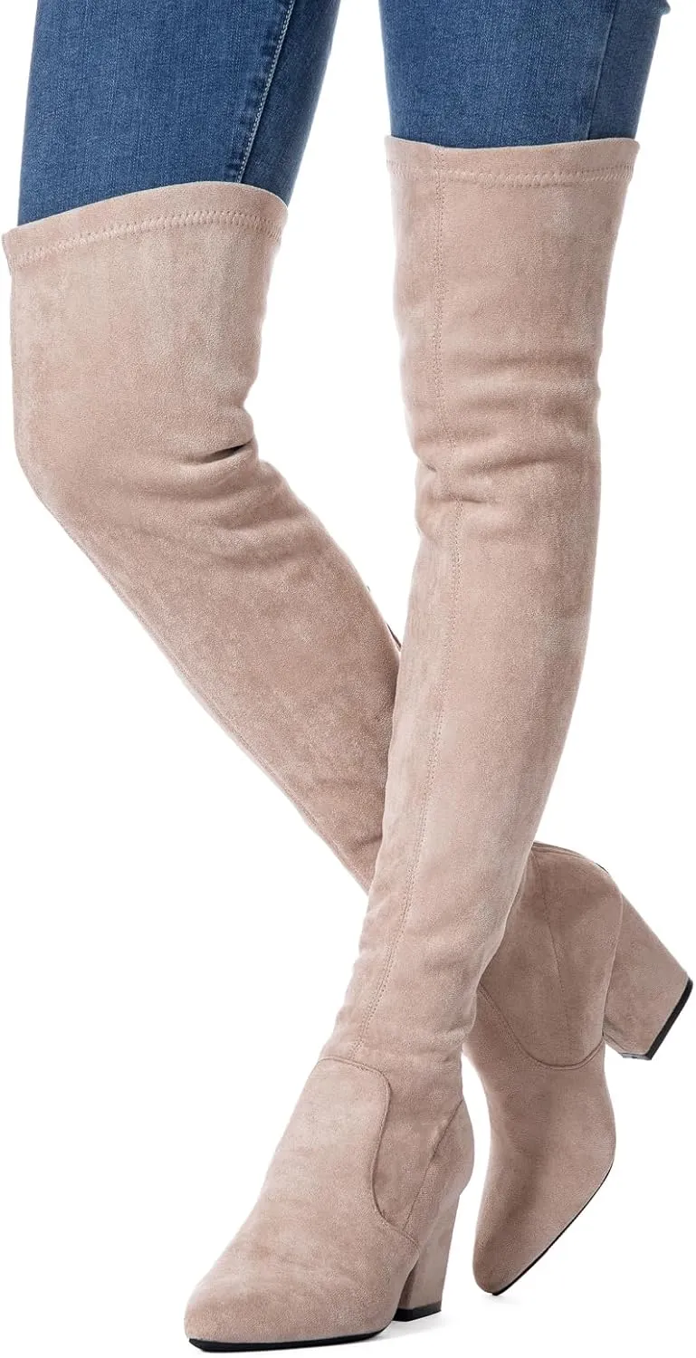 YANWENFANG Women Thigh High Over The Knee Boots Stretch Suede Chunky Heel