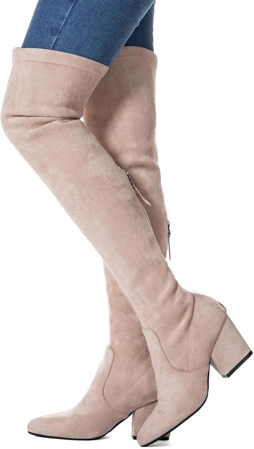 YANWENFANG Women Thigh High Over The Knee Boots Stretch Suede Chunky Heel