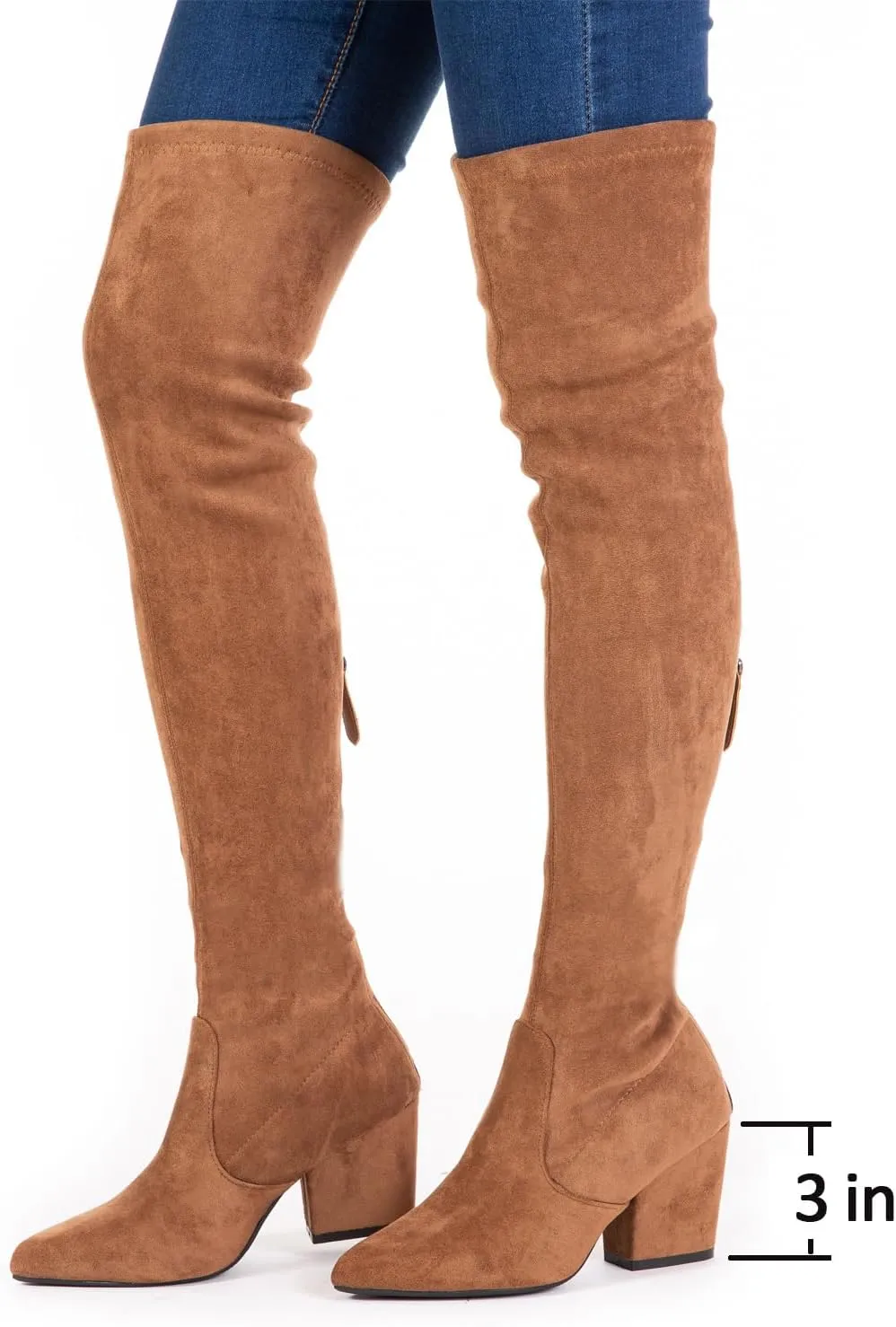 YANWENFANG Women Thigh High Over The Knee Boots Stretch Suede Chunky Heel