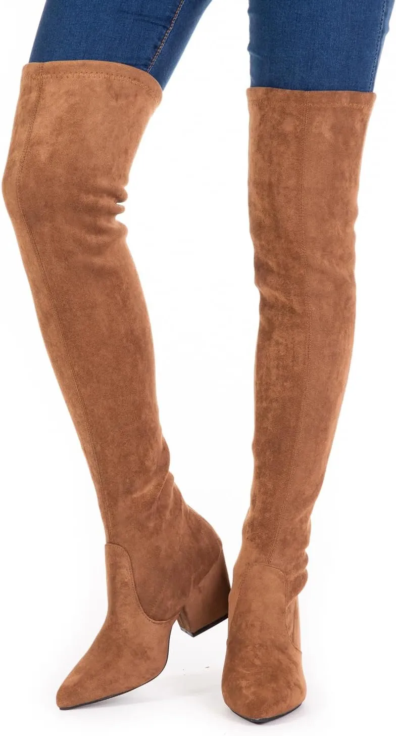 YANWENFANG Women Thigh High Over The Knee Boots Stretch Suede Chunky Heel
