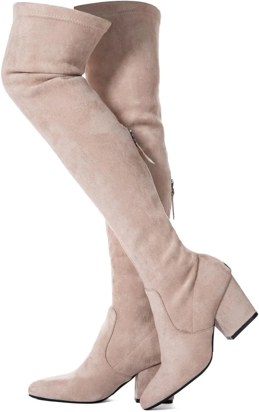 YANWENFANG Women Thigh High Over The Knee Boots Stretch Suede Chunky Heel