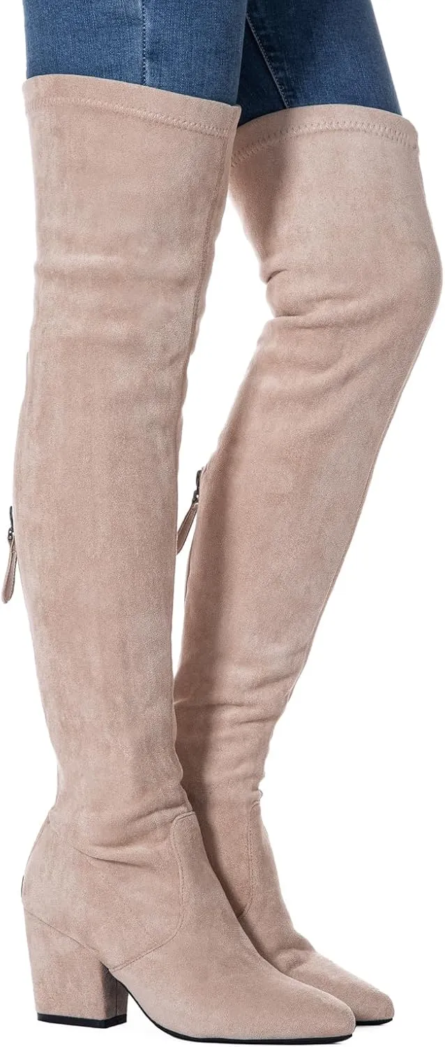 YANWENFANG Women Thigh High Over The Knee Boots Stretch Suede Chunky Heel