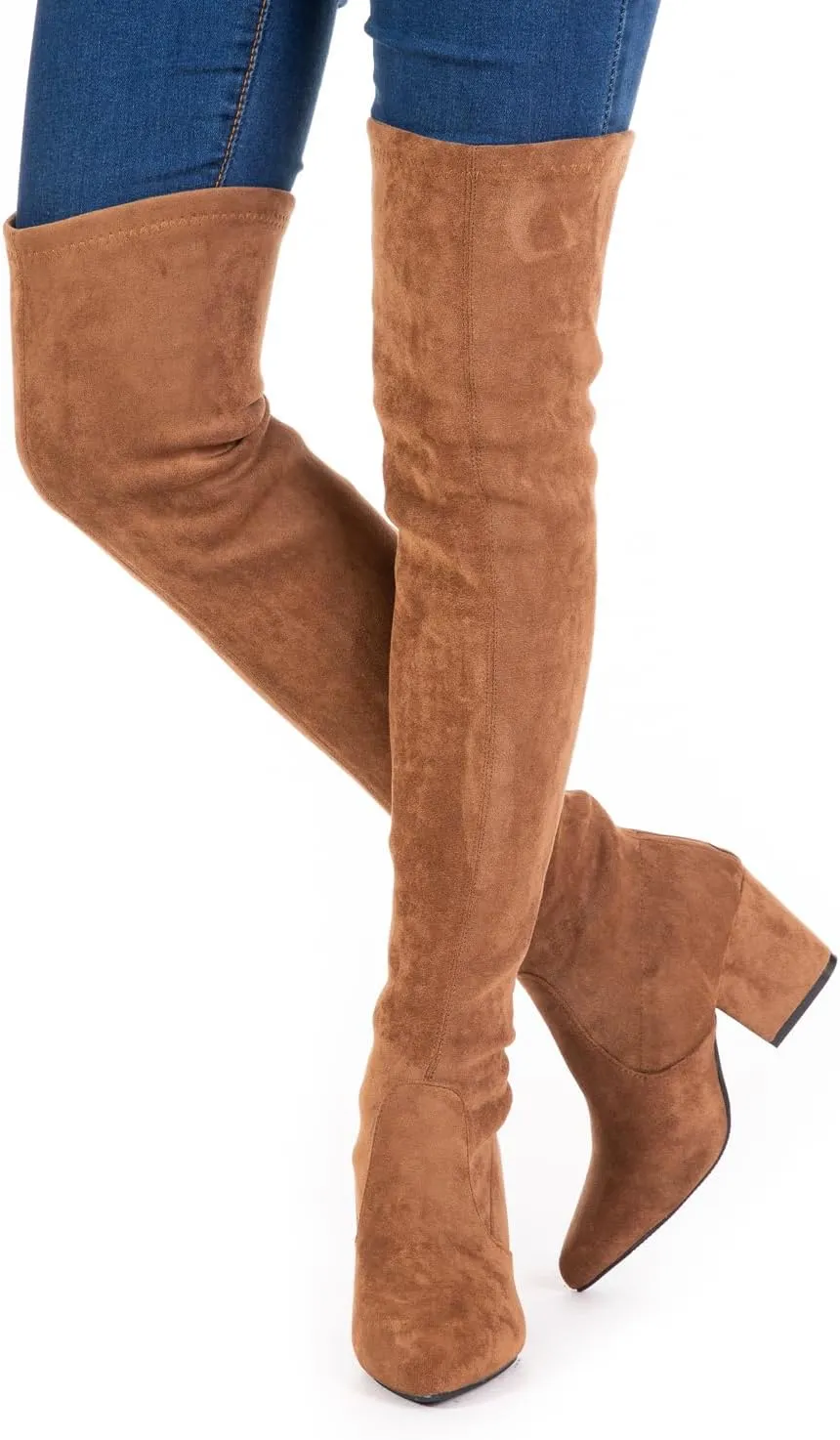 YANWENFANG Women Thigh High Over The Knee Boots Stretch Suede Chunky Heel