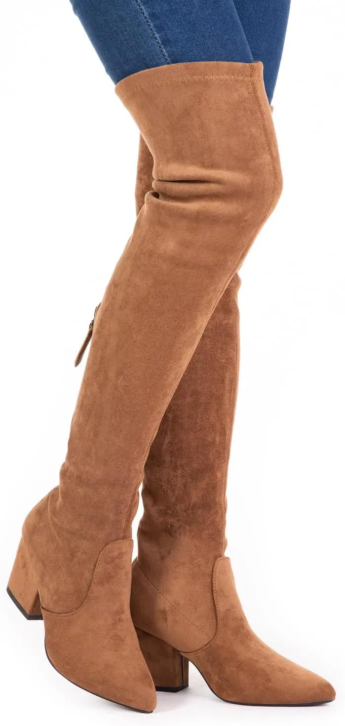 YANWENFANG Women Thigh High Over The Knee Boots Stretch Suede Chunky Heel