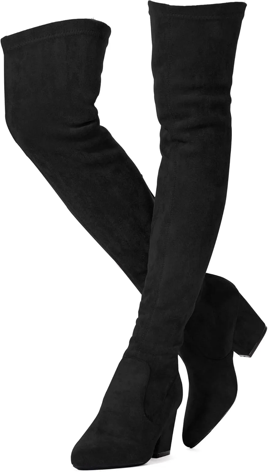 YANWENFANG Women Thigh High Over The Knee Boots Stretch Suede Chunky Heel