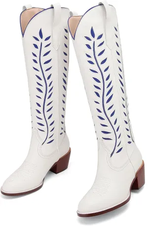 Yishaweiqi Embroidered Cowboy Boots for Women Almond Round Toe Chunky Heel Cowgirl Boots Pull On Knee High Western Boots with Contrast Foliage Inlay