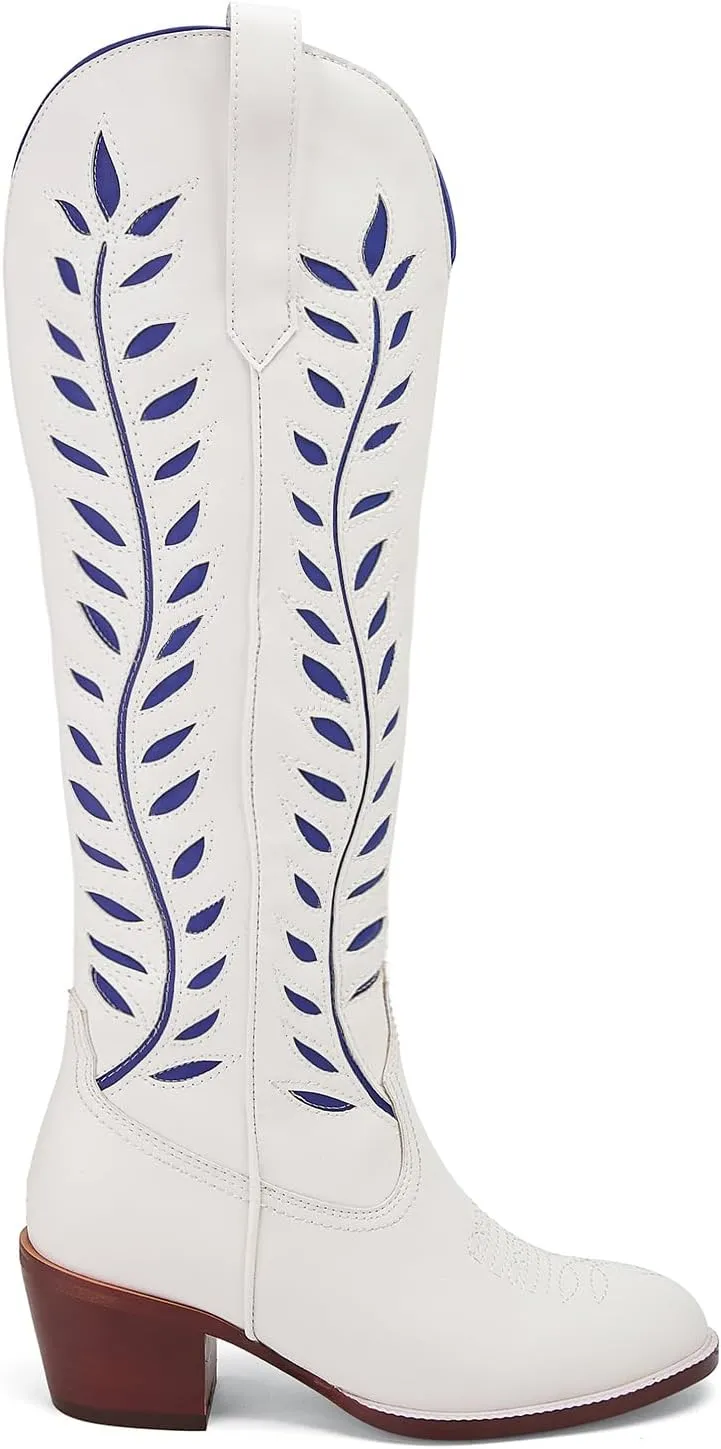 Yishaweiqi Embroidered Cowboy Boots for Women Almond Round Toe Chunky Heel Cowgirl Boots Pull On Knee High Western Boots with Contrast Foliage Inlay