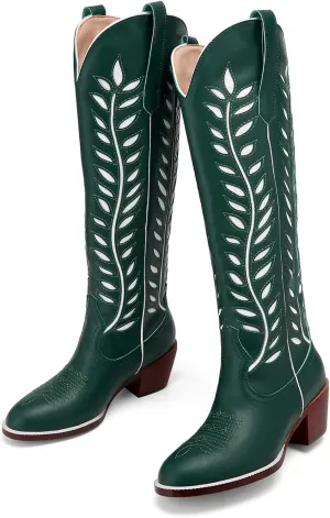 Yishaweiqi Embroidered Cowboy Boots for Women Almond Round Toe Chunky Heel Cowgirl Boots Pull On Knee High Western Boots with Contrast Foliage Inlay