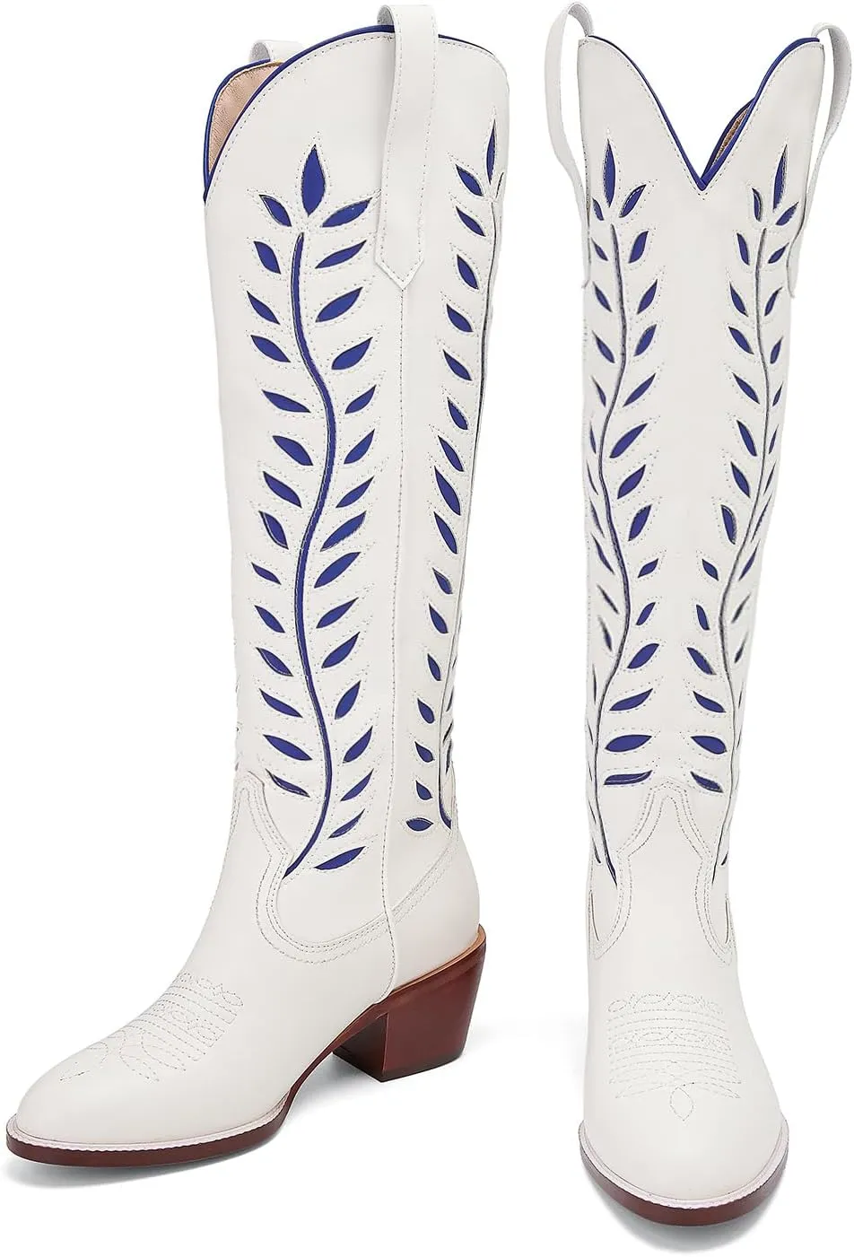 Yishaweiqi Embroidered Cowboy Boots for Women Almond Round Toe Chunky Heel Cowgirl Boots Pull On Knee High Western Boots with Contrast Foliage Inlay