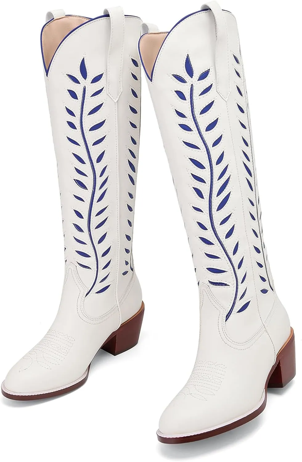 Yishaweiqi Embroidered Cowboy Boots for Women Almond Round Toe Chunky Heel Cowgirl Boots Pull On Knee High Western Boots with Contrast Foliage Inlay