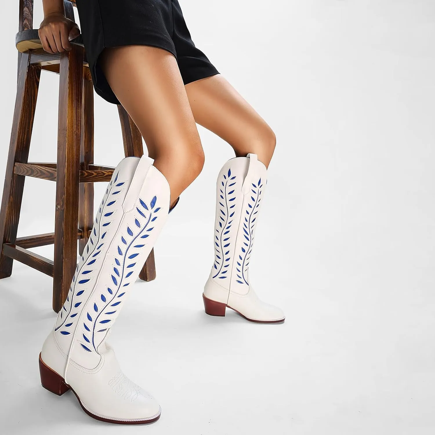 Yishaweiqi Embroidered Cowboy Boots for Women Almond Round Toe Chunky Heel Cowgirl Boots Pull On Knee High Western Boots with Contrast Foliage Inlay